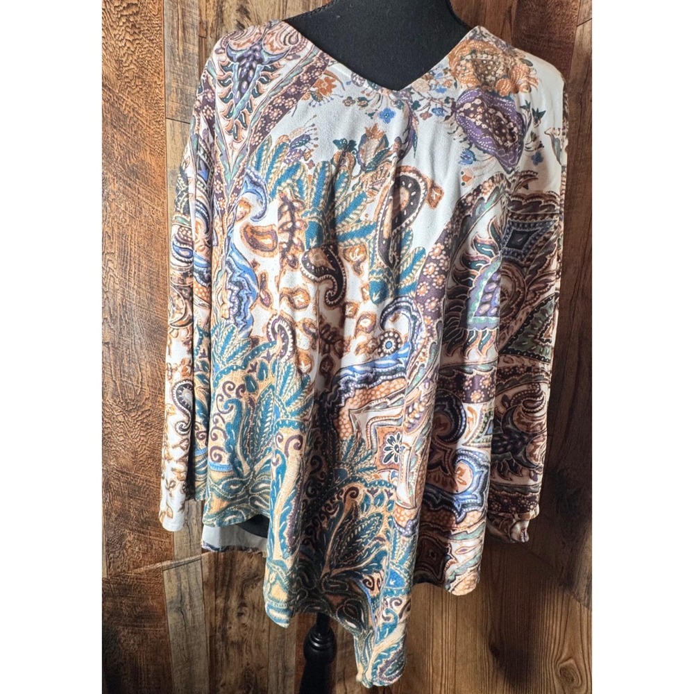 Chicos L/XL Paisley Print V-Neck Long Sleeve Tunic Top Blouse‎ Elegant Flowy